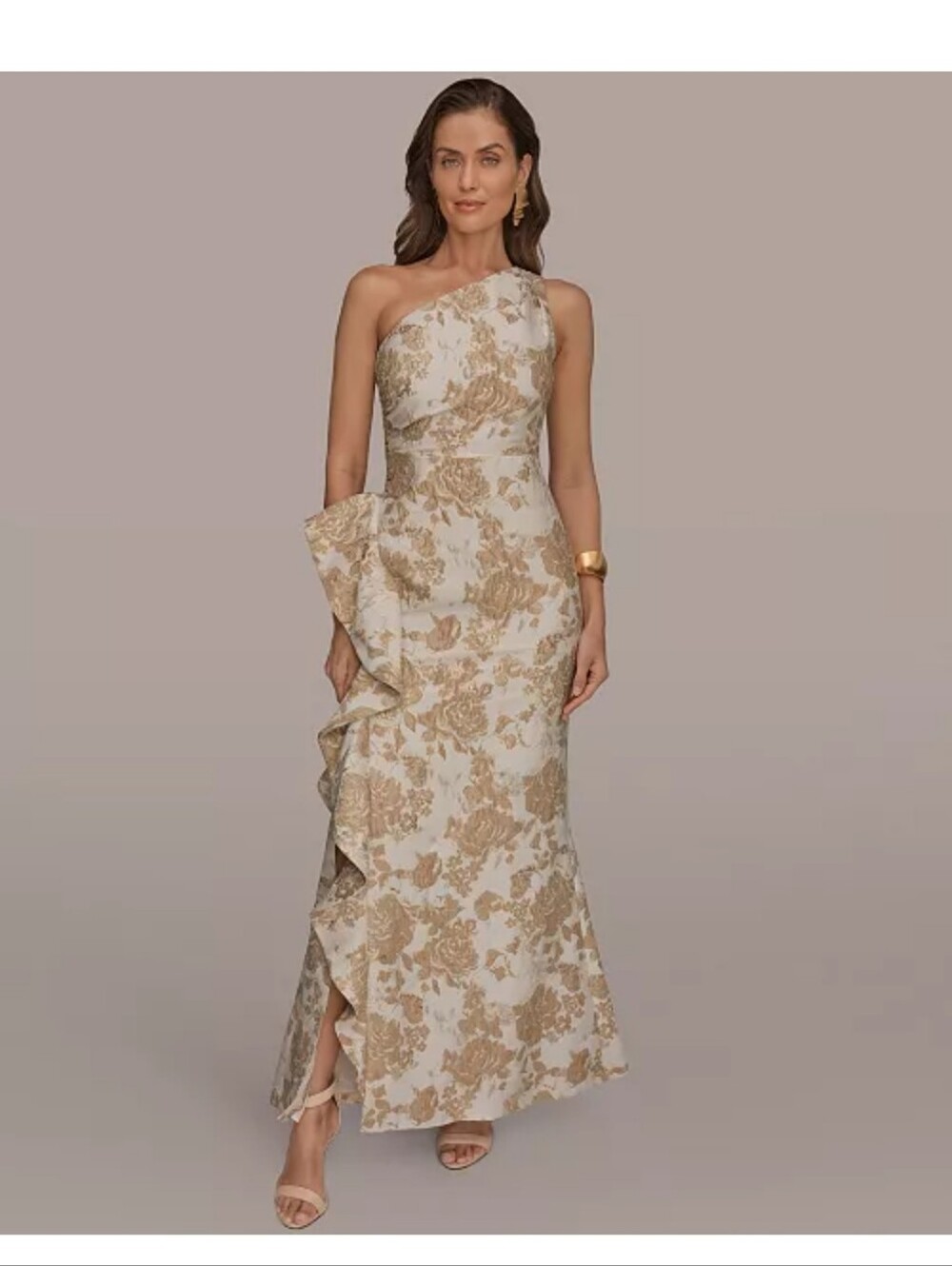 Donna Karan One-Shoulder Beige And Gold Floral Gown